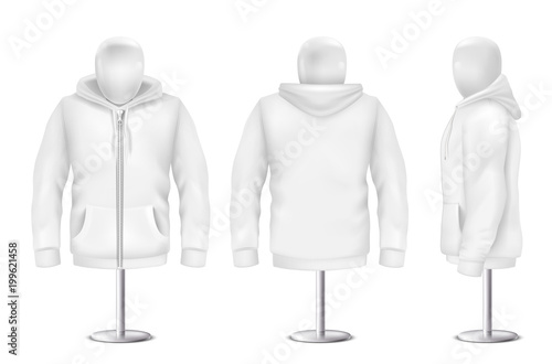 Vector 3d realistic white hoodie, front, back, side view of sweatshirt. Mockup template for clothing on white background. Fashion long sleeve on mannequin, hooded pullover. Unisex, women, men hoody