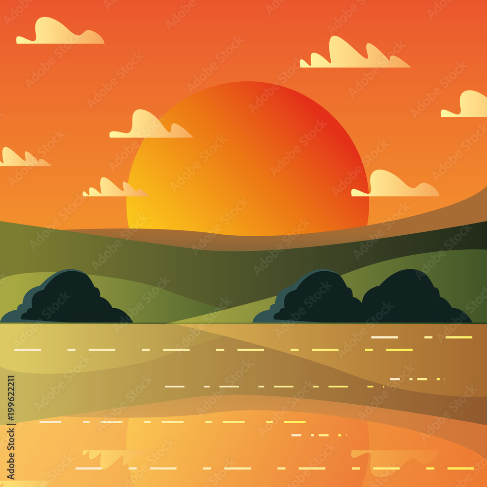 sunset landscape with mountains and bushes, colorful design. vector illustration