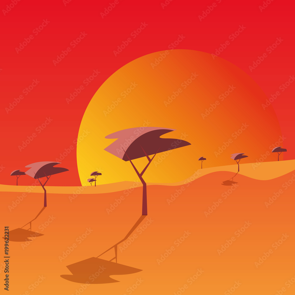 sunset landscape with trees , colorful design. vector illustration