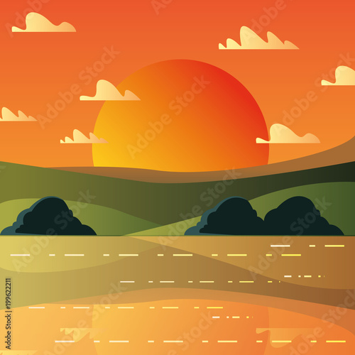 sunset landscape with mountains and bushes, colorful design. vector illustration