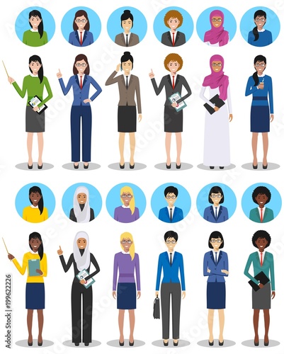 International business team and teamwork concept. Set of illustration of businesswomen standing in different positions. Diverse nationalities and dress styles. Different characters avatars icons set.