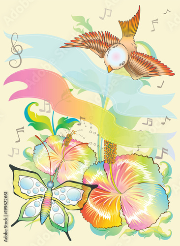 Bird and butterfly with flower nature imagination design contemporary vector