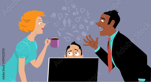 Two coworkers gossiping over the head of another businessman, EPS 8 vector illustration