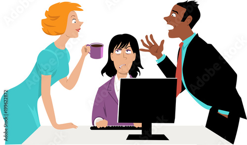 Annoyed businesswoman trying to concentrate on work while her two co-workers talking over her head, EPS 8 vector illustration