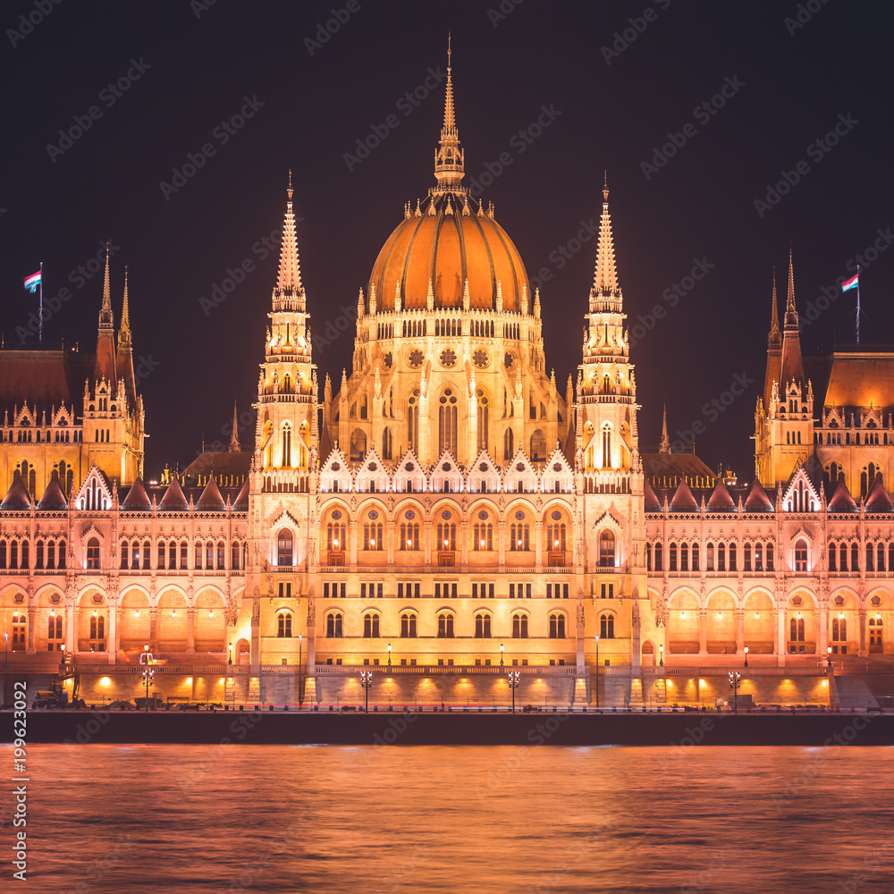 View of Hungarian Parliament Building, Budapest Parliament exterior, also called Orszaghaz, with Donau river and city panorama

