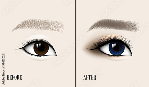 Beautiful Asian Woman Eye and Brow. Before and after make-up. Vector illustration.