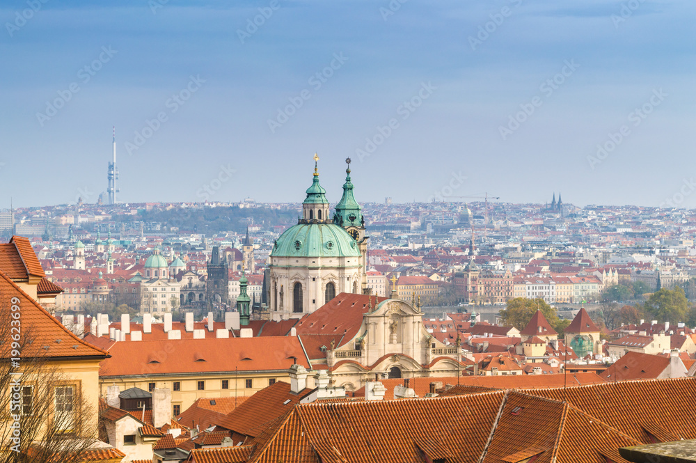 Prague roofs view with The Church of Saint Francis of Assisi in the center, Prague, Bohemia, Czech Republic