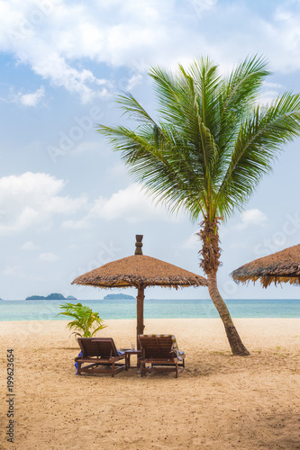 beach umbrellas and deck chairs