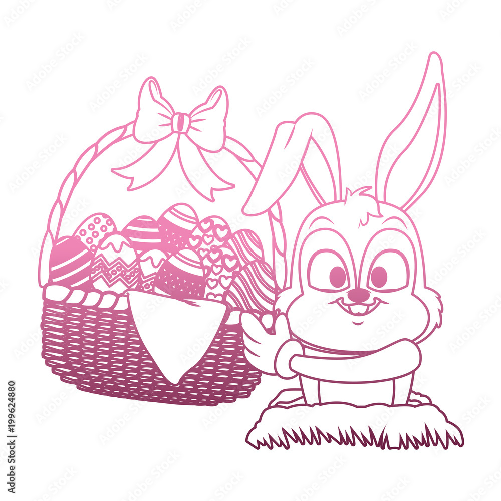 Cute rabbits with easter eggs basket cartoon on purple lines vector illustration