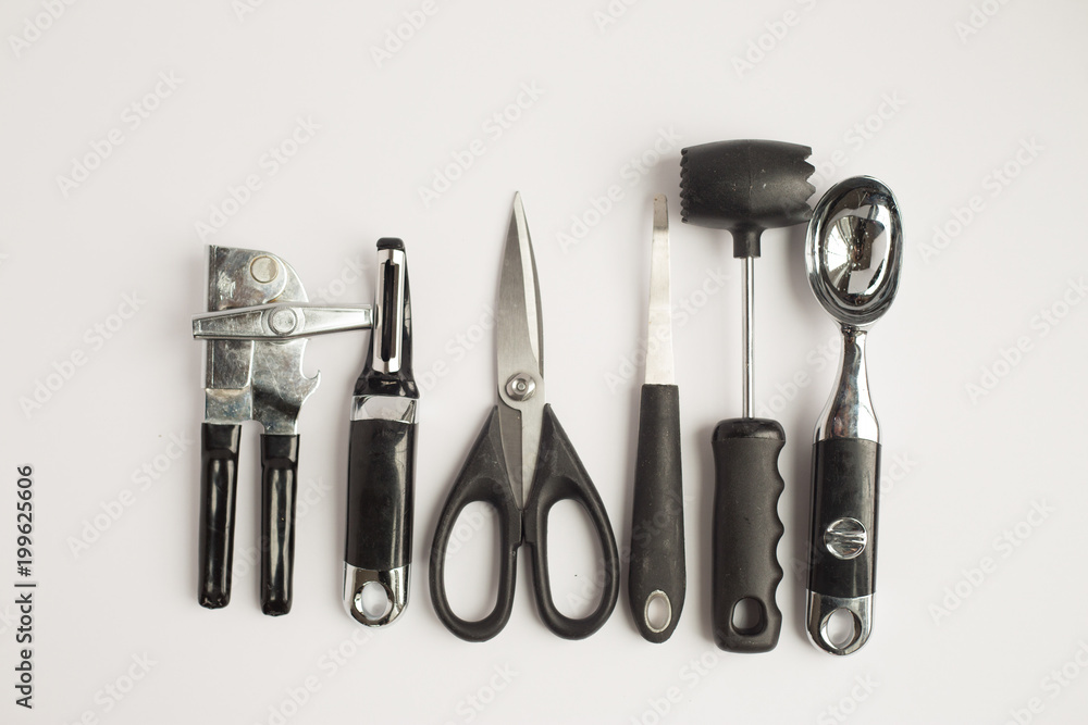 Black and steel kitchen gadgets shot overhead Black and steel kitchen gadgets shot overhead