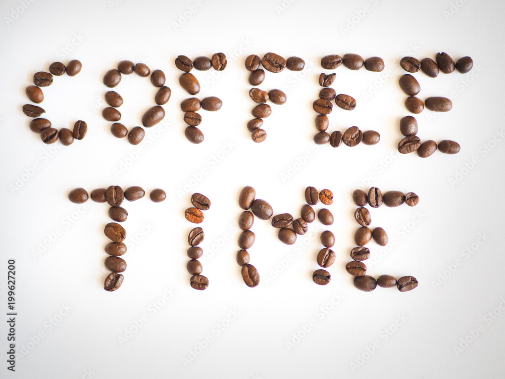 lettering coffee time arranged from coffee beans. lettering coffee time arranged from coffee beans.