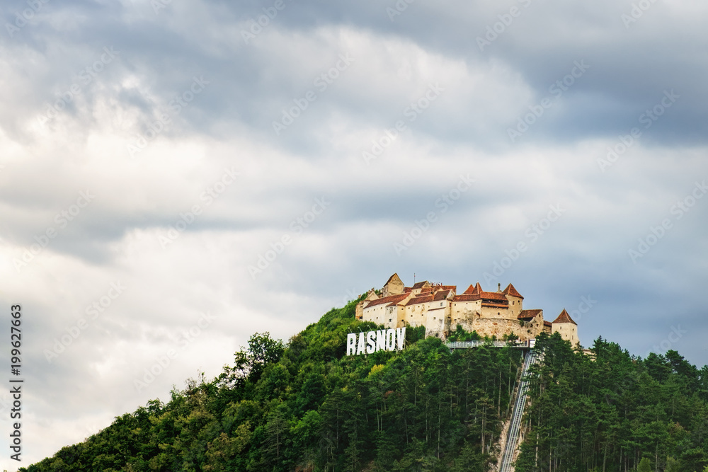 Scenic view of the Rasnov Fortress on top of the mountain, Rasnov city, Brasov county, Romania