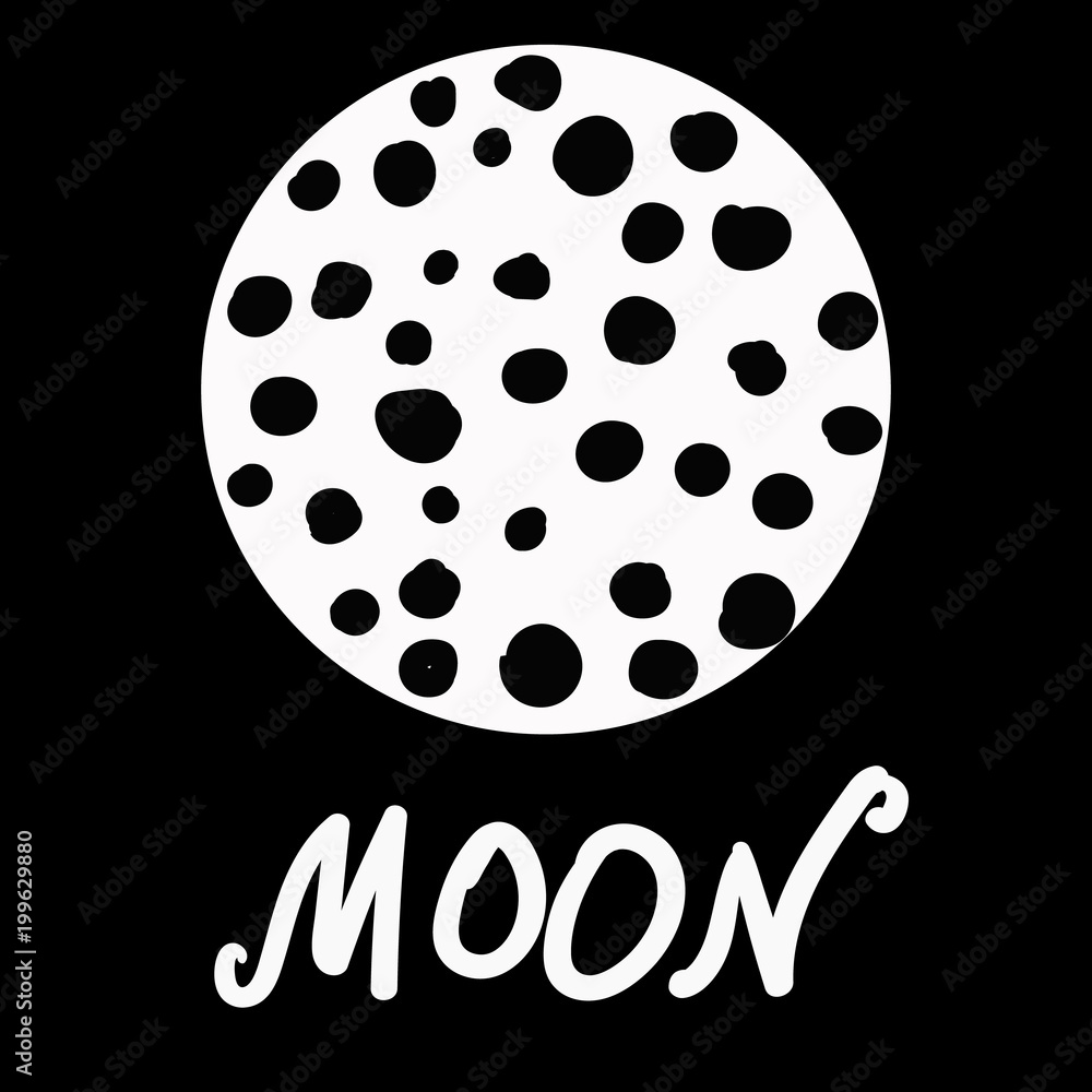 Stylized moon with craters vector and lettering on black Stylized moon with craters vector and lettering on black