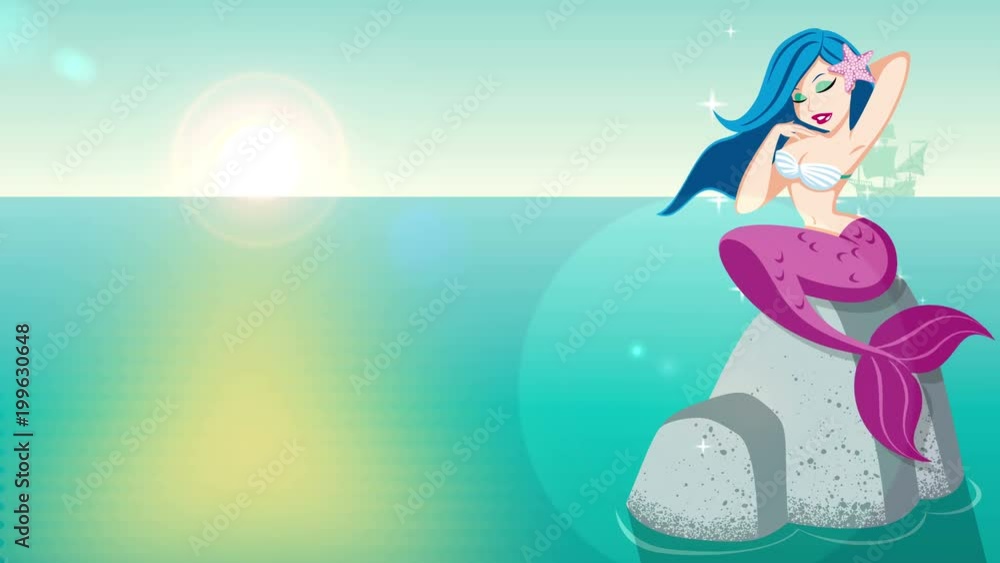 Looping animation of beautiful mermaid tanning on reef in the sea. Looping animation of beautiful mermaid tanning on reef in the sea.