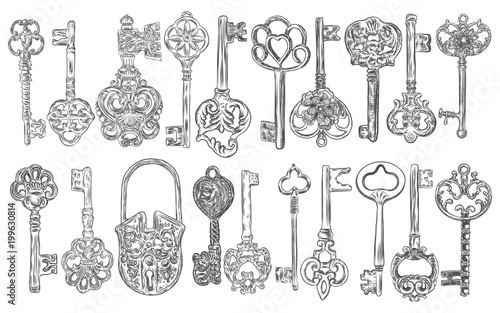 Big set of retro keys, vintage style. Key collection illustration for antiques decoration.  Ornamental medieval collection. Hand drawn old realistic design Vector.