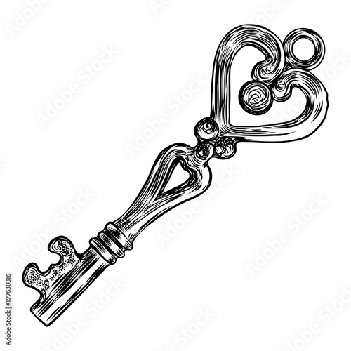 Retro key, vintage style. Key illustration for antiques decoration.  Ornamental medieval hand drawn old realistic design Vector.