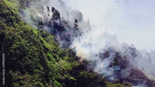 Witness the mesmerizing spectacle of a raging forest fire,as billowing smoke and fierce flames dance in the wind atop the majestic mountains of Baños,Ecuador.