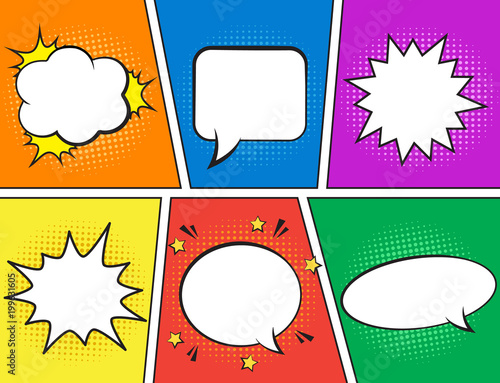 Retro comic empty speech bubbles set on colorful background. Vector illustration, vintage design, pop art style.