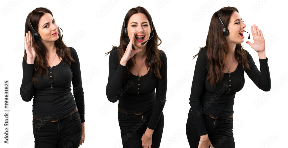 Obraz premium Set of Telemarketer Beautiful young girl shouting