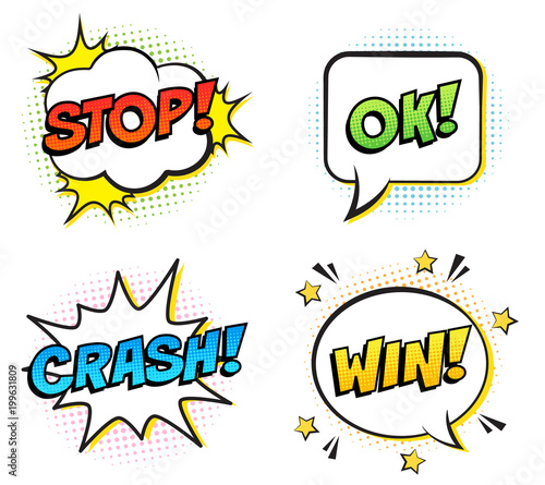 Retro colorful comic speech bubbles set with halftone shadows on white background. Expression text STOP, OK, CRASH, WIN. Vector illustration, pop art style.