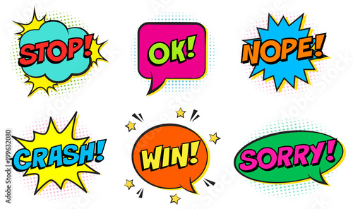 Retro comic colorful speech bubbles set on white background. Expression text STOP, OK, NOPE, CRASH, WIN, SORRY. Vector illustration, pop art style.