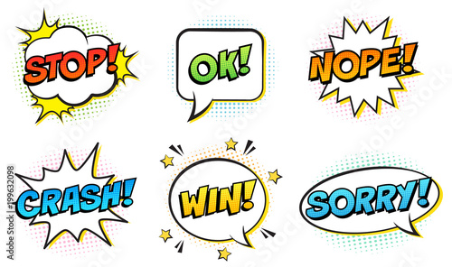 Retro comic speech bubbles set on white background. Expression text STOP, OK, NOPE, CRASH, WIN, SORRY. Vector illustration, pop art style.