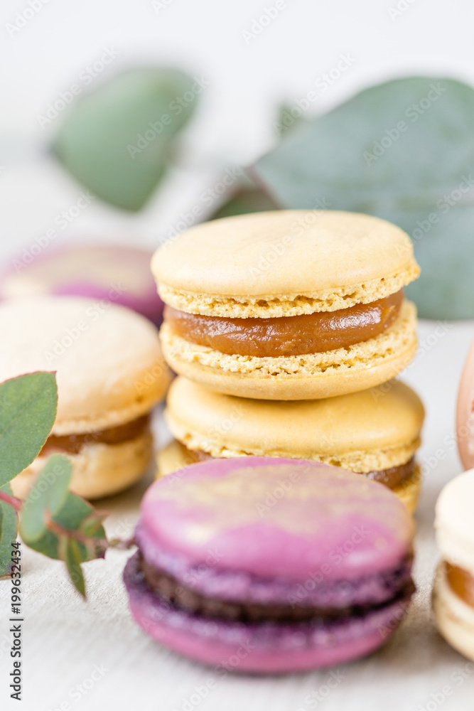 Close-up colorful French or Italian macaron on white wooden table. Macarons is French dessert served with tea or coffee. wallpaper, Vertical photo