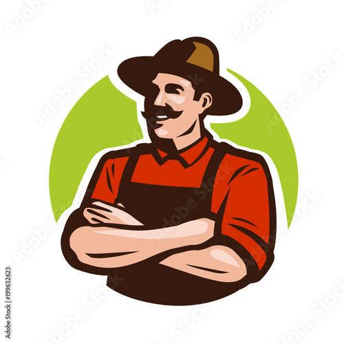 Farm, agriculture logo or label. Happy farmer, grower cartoon. Vector illustration