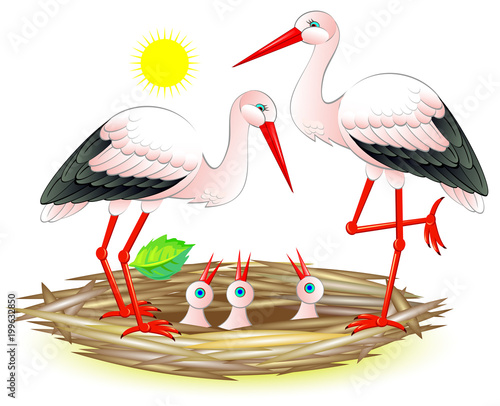 Illustration of happy stork family with their chicks in the nest. Vector cartoon image.