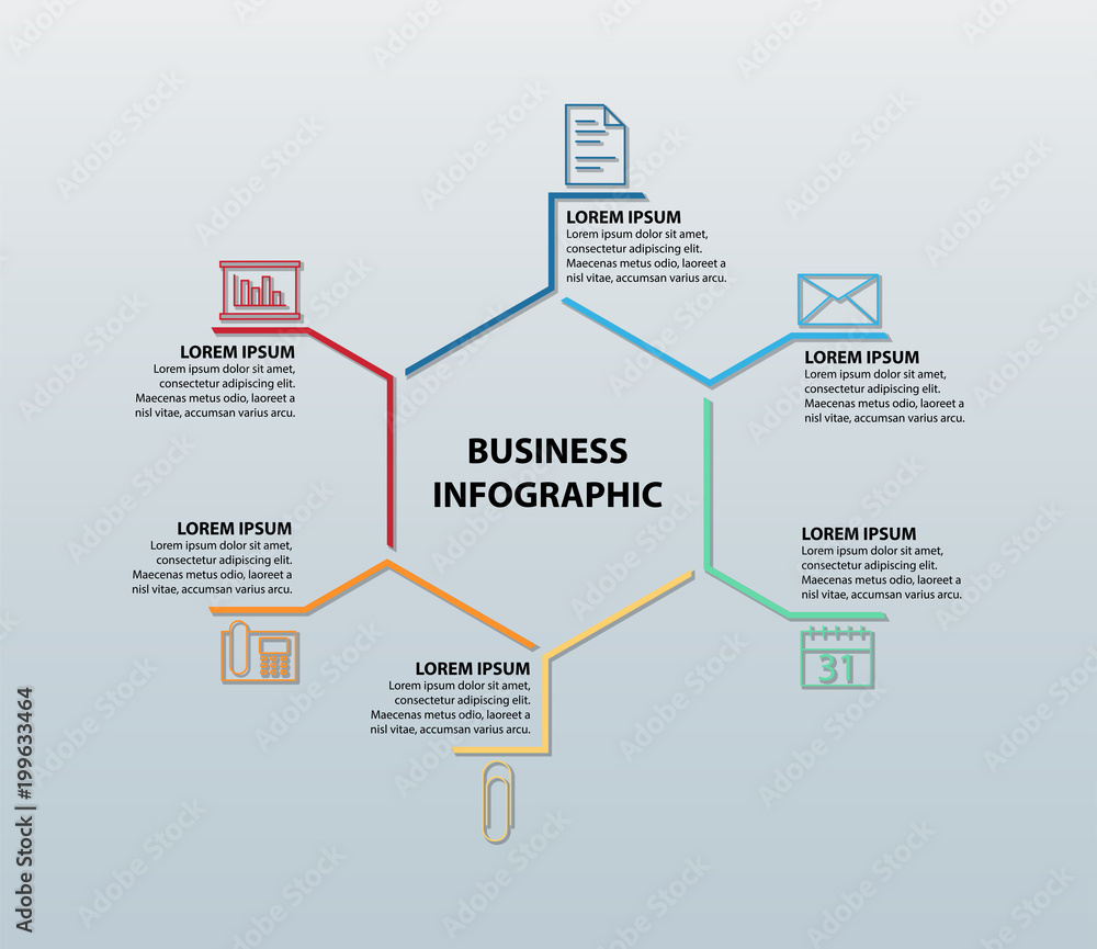 Fototapeta premium Business Infographic Featuring Six Icons (Document, Envelope, Calendar, Paper Clip, Telephone, and Chart) With Corresponding Information Sections