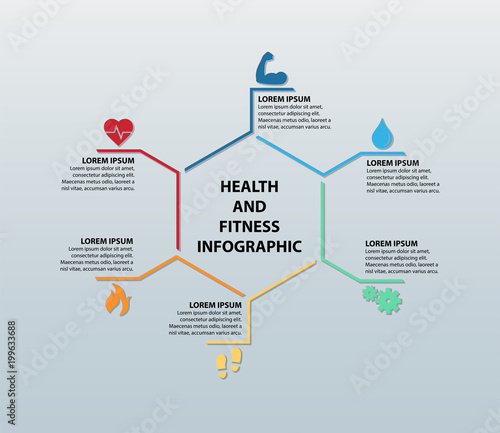 Fitness And Health Infographic Featuring Six Icons (Bicep, Blood Drop, Gears, Shoe Prints, Flame, and Heart Rate) With Corresponding Information Sections