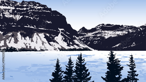 Vector Landscape With Lake, Mountains And Trees
