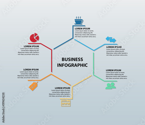 Business And Networking Infographic Featuring Six Icons (Coffee Cup, Exchange Arrows, Partnership, Web Page, SEO Tag, and Pie Chart) With Corresponding Information Sections