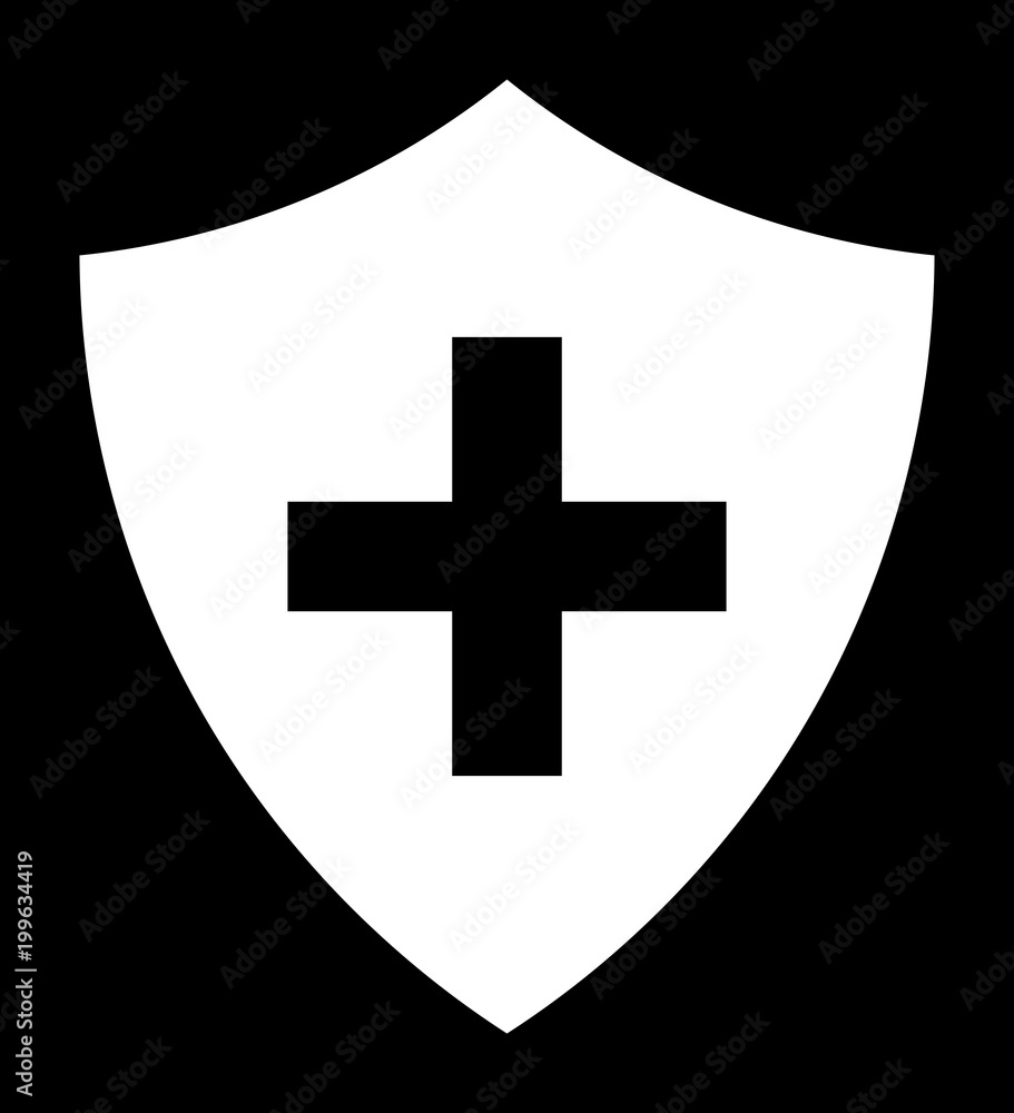 Obraz premium White Immune System (Cross In A Shield) Icon On Black Background