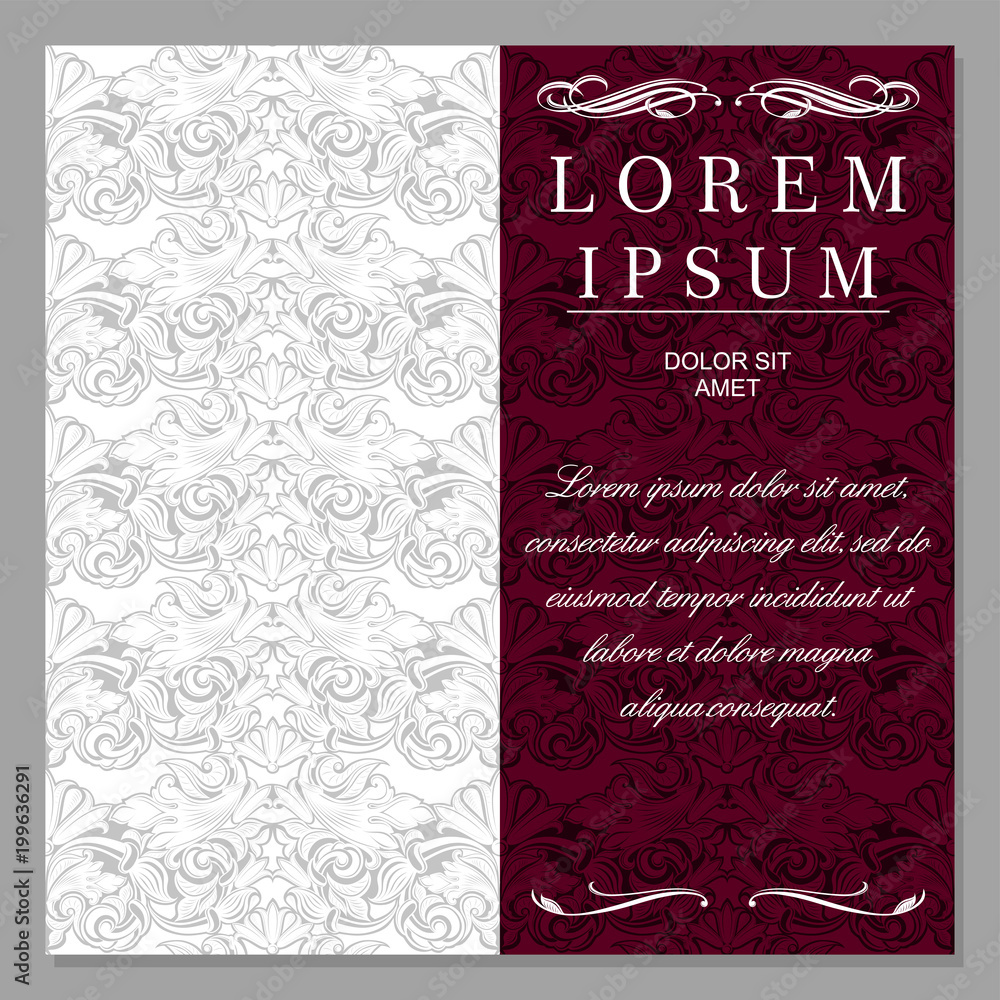 greeting, invitation, wedding, postcard in the style of vintage, baroque, rococo, renaissance. With a classic floral ornament. Colors white, gray and burgundy (magenta) greeting, invitation, wedding, postcard in the style of vintage, baroque, rococo, renaissance. With a classic floral ornament. Colors white, gray and burgundy (magenta)