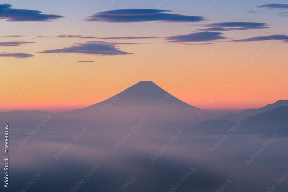 Mt. Fuji with sea of mist in Morning autumn season