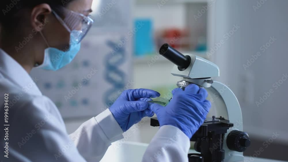 Female biologist examining herbal sample in microscope, laboratory work, ecology Female biologist examining herbal sample in microscope, laboratory work, ecology