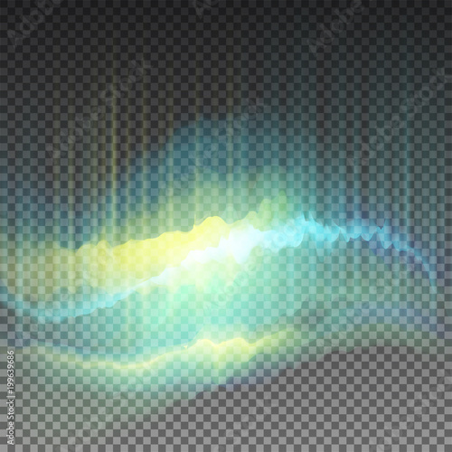 Vector polar lights effect, colorful yellow and green shining waves on transparent background, decorative design. Northern sky halo. Blurred pulsing rays. Cloud shaped illumination. Aurora borealis.
