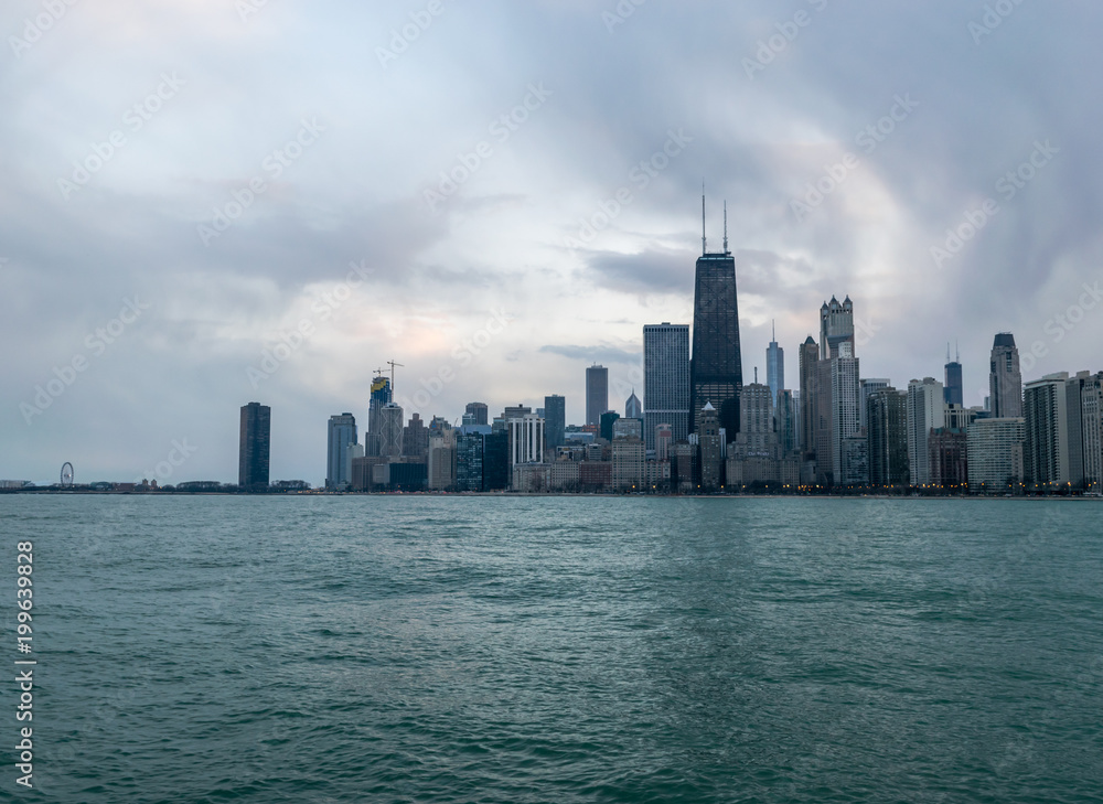 View of Chicago skyline across lake