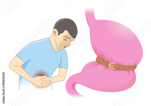 Man feeling abdominal pain and stomach with too tight belt. Illustration about problems of digestive system.