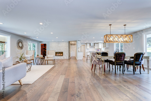 Spacious living and dining room with hardwood floor