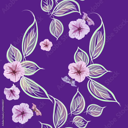 Beautiful seamless background of pink ornamental flowers and leaves on a lilac background
