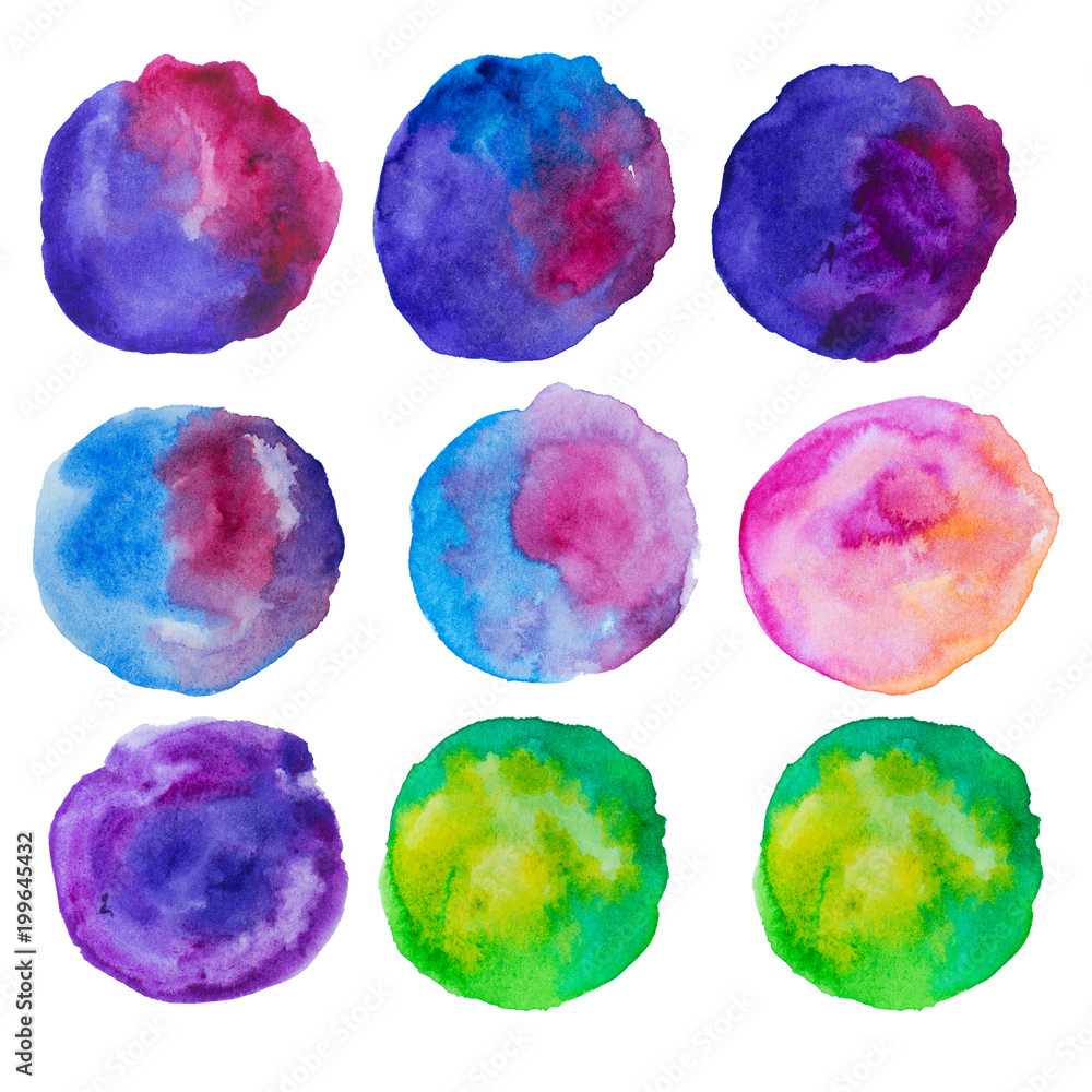 Collection of watercolor round shapes pattern. Set of colorful circles.