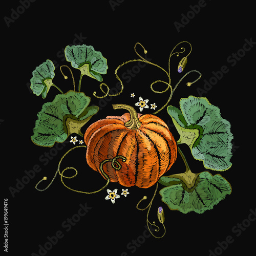 Embroidery pumpkin. Template for clothes, t-shirt design. Orange pumpkin beautiful classical embroidery