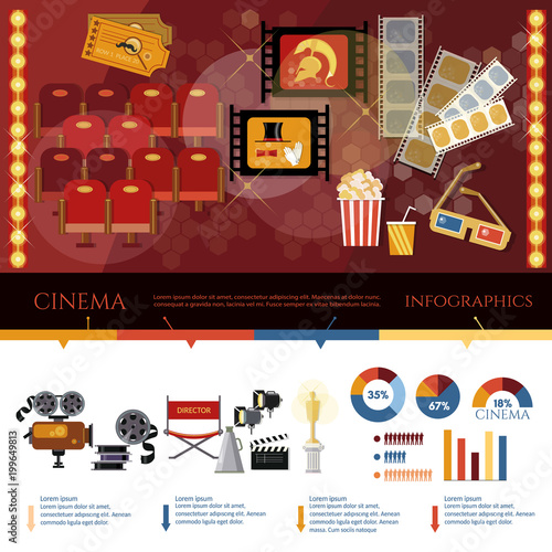 Cinema banners. Cinematography movie items old movie camera vector. Festival movie tickets clapper popcorn