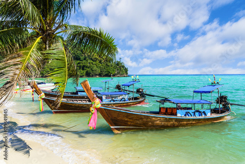 Traditional longtail boats parking, Andaman Sea, Phi Phi island, Krabi Province, Thailand