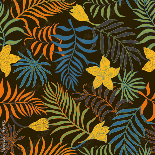Tropical background with palm leaves and flowers. Seamless floral pattern. Summer vector illustration