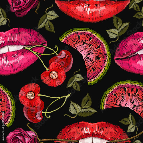 Embroidery lips and cherry seamless pattern. Sweet kiss fashion art. Sexy wet lip make-up pattern. Fashion template for clothes, textiles, t-shirt design