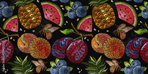 Embroidery fruit seamless pattern. Template for clothes, textiles, t-shirt design. Classic embroidery watermelon, pineapple, plums, berries, butterflies, summer seamless pattern