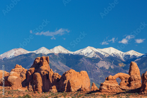 Summer scenery in Arches National Park  Utah  with red rock formations and clear blue sky